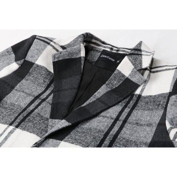 Men's White-plaid Casual Notched Plaid Single Breasted Wool Blend Formal Trench - Picture 2 of 6